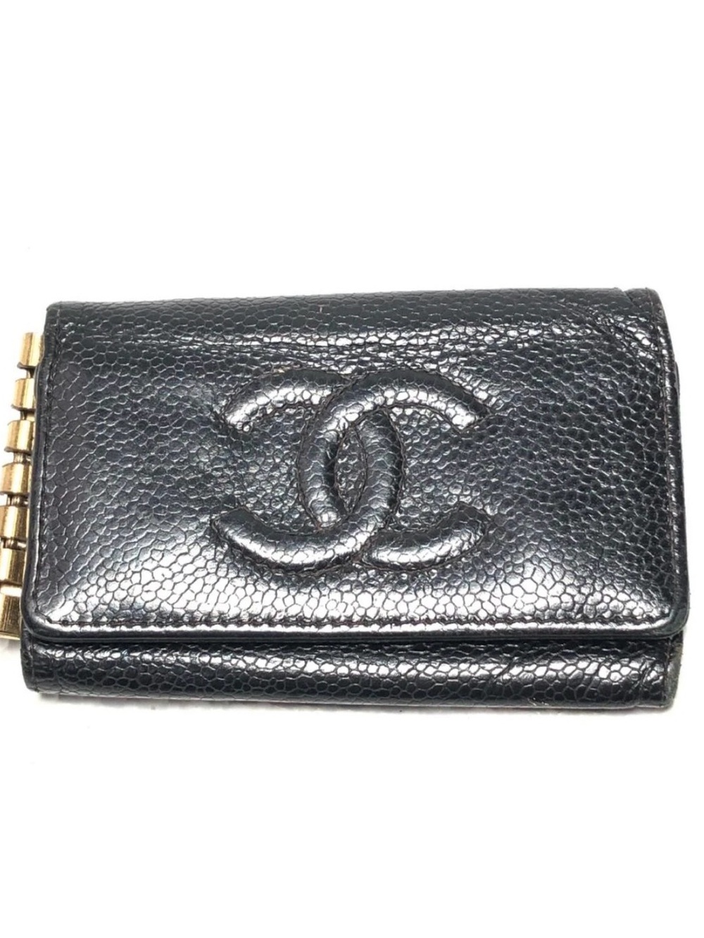 CHANEL Caviar Skin Key Case w/Serial Seal Leather Used Authentic With CC